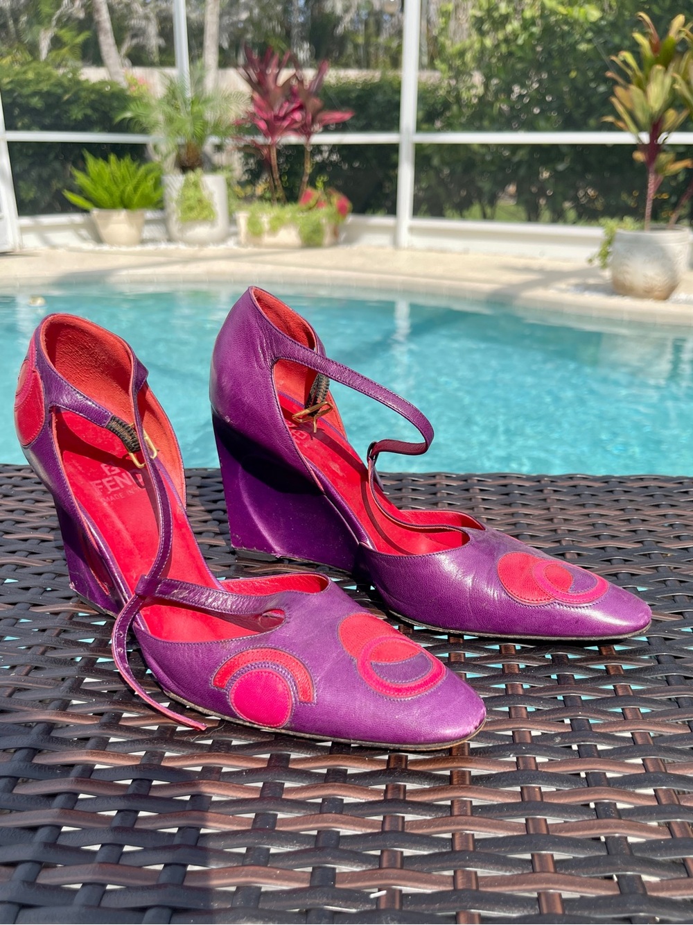 Fendi Purple leather Wedge Heels with Pink Accents and Ankle Strap